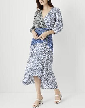Ann Taylor Dress Womens 18 Blue Floral Wrap Hi Low Midi V Neck Belted 3/4 Sleeve